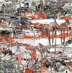 Layered impasto swaths in a palette of orange, pink, white and grey are incised with a scaffold of sharp lines.