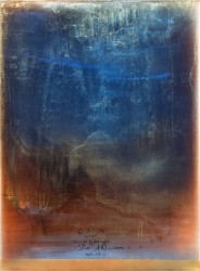 Translucent layers of blue, red and gold acrylic descend the picture plane like a shimmering veil that hovers above glyphic script and strip…