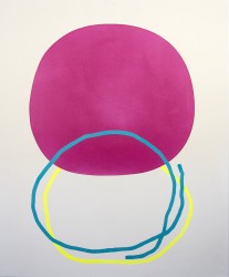 Two loops of cerulean and lemon intersect with a bold, round of magenta in this playful acrylic on canvas by Aron Hill.