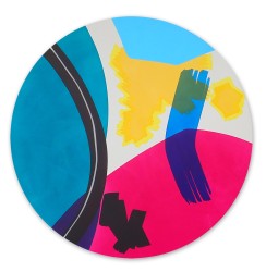 Bold shapes in turquoise, hot pink and lemon yellow intersect with an black arc in this playful tondo by Aron Hill.