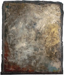 Clouds of gold and silver swirl gently over a ground lit with crimson and sky blue in this contemplative acrylic on canvas by Ben Woolfitt.