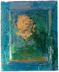 An island of gold-orange floats on a sea of metallic aqua and verdant green in this shimmering acrylic by Ben Woolfitt.