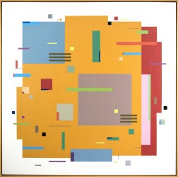 Geometric shapes in orange, grey, red and green dance across a white ground with lyrical precision in this acrylic by Burton Kramer.