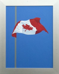 A Canadian flag flies high against a clear blue sky in this iconic image by Charles Pachter.