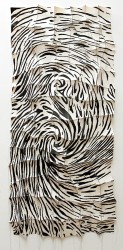 Charcoal waves silkscreened on felt swirl into tight eddies across the surface of this contemplative fabric wall sculpture by Chung-Im Kim.
