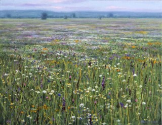 A flowering field of pink, white and sapphire blue merges with an atmospheric horizon in this charming oil landscape by Ciba Karisik.