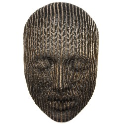 Hundreds of machine screws and bronze are skillfully shaped to create the folds and curves of a large mask.