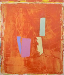 Curated swipes of teal, yellow, sapphire blue and plum dance on a ground of red orange in this 1974 acrylic by David Bolduc.