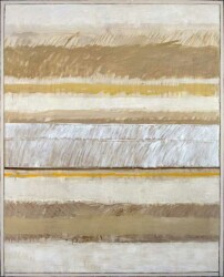 Painterly bands of light brown and gold, like a field of wheat, are interrupted by two thin lines of deep yellow and umber in this lyrical c…