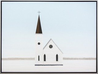 The iconic profile of a village church appears to float on a snow covered ground in this ethereal painting by Montreal painter F.
