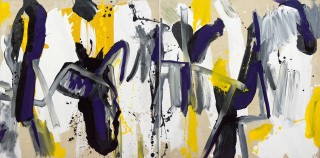 Bold passages of indigo, lemon and white merge and flow across a light brown ground in this dynamic diptych inspired by irises.
