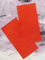 This dynamic abstract composition in solid orange, black and white by Ivo Stoyanov is a mixed media work on canvas.