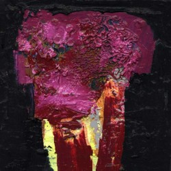 A bouquet of hot magenta flecked with brown oxide is framed on a blue-black ground in this textured oil on panel by Jennifer Hornyak.