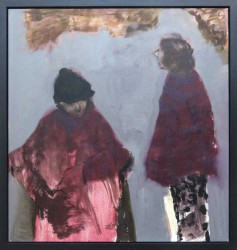 Two figures in crimson red are framed by layered gray ground in this sophisticated narrative by Jennifer Hornyak.