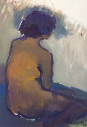 A female figure in a classic pose is rendered in vivid indigo and blues by Montreal based painter Jennifer Hornyak.