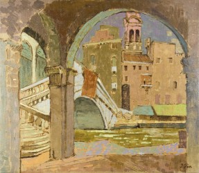 Bridge, archways and architecture intersect in sunlit shades of mauve, lime green and sand in this quiet cityscape by modern painter John Fo…