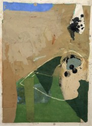 A peninsula of green paper collage moves into a ground of light brown acrylic.
