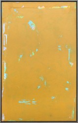 Glimpses of turquoise, lime green and pink appear through a painterly layer of amber orange in this acrylic canvas.