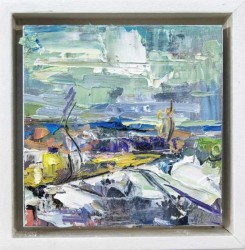 A wintry landscape is rendered in brightly coloured impasto by Julie Himel.