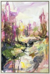 Passages of hot pink, mauve and lime frame a winding creek in this bright, gestural landscape by Julie Himel.