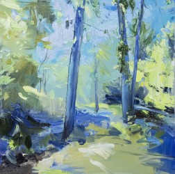 A atmospheric canopy of light pink and blues frames a forest of blue and yellow in this charming landscape by Julie Himel.