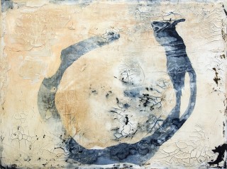 Shapes in steel blue emerge from a gust of ochre in this atmospheric plaster and pigment painting on canvas by Jutta Naim.