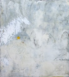 Washes of dove grey and light blue swirl across the tactile surface of this atmospheric plaster and pigment painting by Jutta Naim.