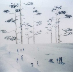 Enormous trees tower over a stark beach and tiny figures in this surrealist inspired image by Mark Bartkiw.