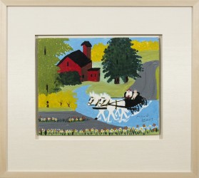A horse-drawn wagon crosses a stream in this charming farmland scene by folk artist Maud Lewis.