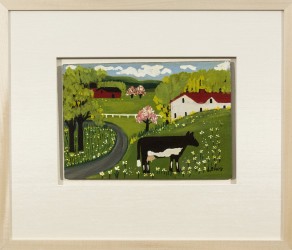 A lone cow stands in a field of daffodils in this pastoral scene by folk artist Maud Lewis.
