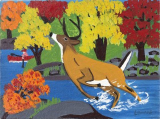 A buck leaping in a stream is framed by bright fall colours in this delightful painting by folk artist Maud Lewis.