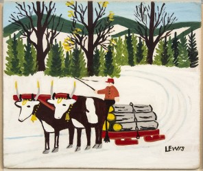 Two yoked oxen with bells and chain pull a loaded sled in this delightful oil painting by folk artist Maud Lewis.