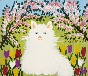 Lewis has depicted a frowning white cat with pink ears and blue eyes seated in a bed of red, mauve, white and yellow tulips on a lime green …