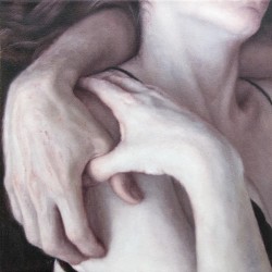 The hand of a man linked with that of a woman over her shoulder reveals a narrative of intimacy in this 24 inch square canvas.