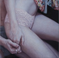 A woman sits lightly on the leg of a man, their fingers linked at her thigh in this intimate oil painting on canvas.