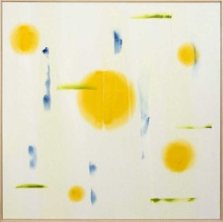 Spheres of lemon yellow intersect with dashes of lime and sky blue in this masterful composition by Milly Ristvedt.