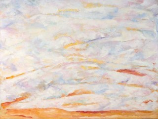 A tapestry of soft colours— pale pink, sky blue, white, and orange play out across the canvas in this lovely painting by Noreen Taylor.