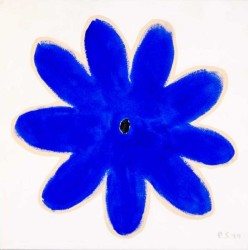 A brilliant royal blue daisy dominates the canvas in this engaging abstract floral by Vancouver artist, Pat Service.