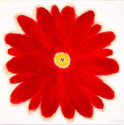A bright red daisy with a yellow pistil dominates the canvas in this engaging abstract floral by Vancouver artist, Pat Service.