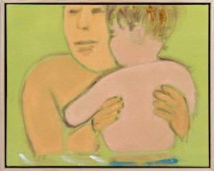 This charming, unembellished portrait of a little boy held closely by his father as they wade in the water is by Pat Service.