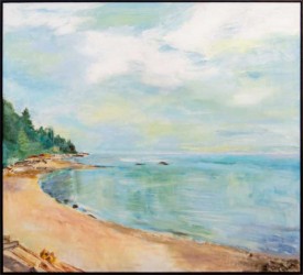 The enduring serenity of an empty beach-- sky and sea a gorgeous turquoise is rendered in this charming landscape by Pat Service.