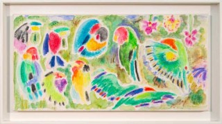 This joyful watercolour captures the magnificent colour and intriguing form of exotic birds in a garden.