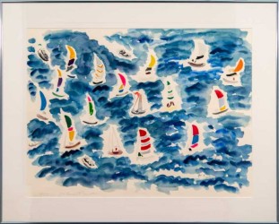 Paul Fournier has captured the bright colours and motion of a sailboat regatta off the coast of Newport, Rhode Island in this delightful pai…