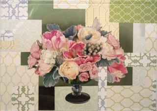 Rendered realistically in shades of pink and green, an arrangement of roses is juxtaposed with collage.