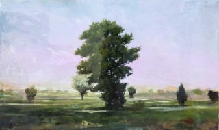 A large, leafy tree framed by scumbled washes of pale blue, mauve and rose pink dominates this rich landscape by Peter Hoffer.