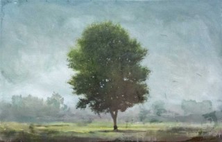 A lone tree is framed by steel blue sky in this emotive landscape by Peter Hoffer.