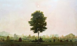 A lone tree below a distant moon is framed by mauve, amber and cerulean in this atmospheric landscape Peter Hoffer.