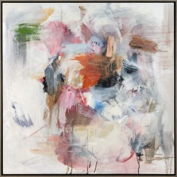 In this lyrical abstract by Scott Pattinson generous brush strokes of pale blue, bright orange, soft yellow, light brown, pink, purple and g…