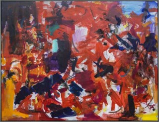 Gestural passages of crimson, red-orange and indigo are caught in an eddy of movement in this fiery composition by Scott Pattinson.