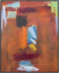 A window of ice blue opens at the center of a painterly red-orange ground in this powerful painting by Scott Pattinson.